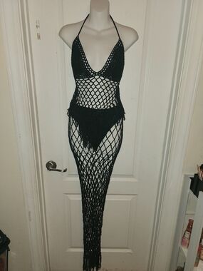 Black Crochet Halter Maxi Beach Cover-Up